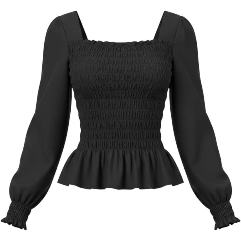 Lyaner Black Smocked Peplum Top Long Sleeve Square Neck Blouse XL Cottagecore